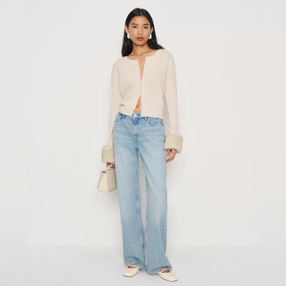 Reformation Clara Cashmere Crew Cardigan with Faux Fur Cuff